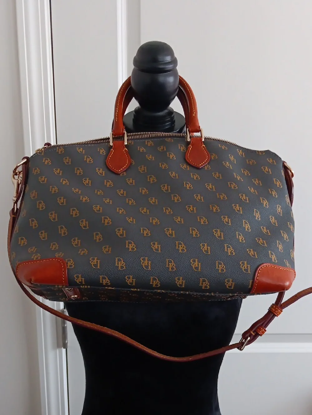 Dooney & Bourke Brown Monogram Handbag with Tan Leather Accents